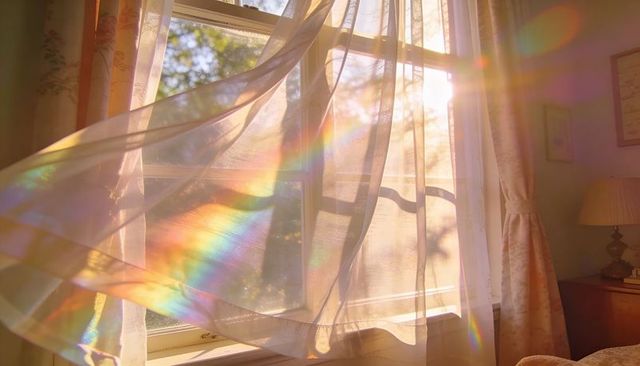 Gossamer curtain billowing in golden sunlight with prism rainbows over cozy bedroom window