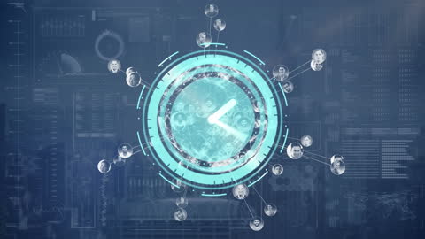 Futuristic Clock Icon with Global Data Network Connections