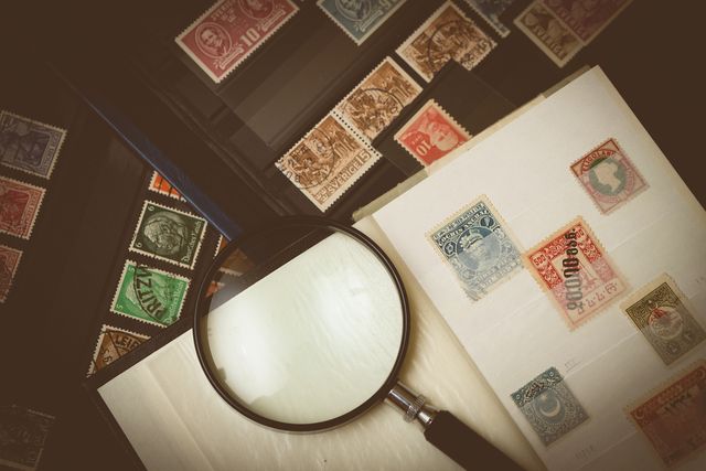 Vintage Postage Stamps and Magnifying Glass in Stamp Collection - Download Free Stock Photos Pikwizard.com