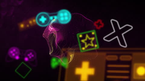 Neon Video Game Icons Floating on Black Background