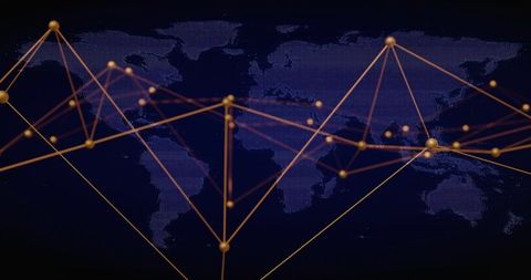 Global network connecting golden nodes over digital world map with glowing mesh and links