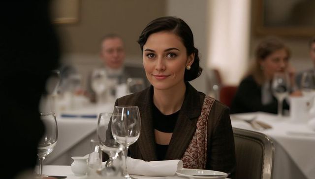 Elegant woman making eye contact at upscale dining table with wine glasses and chic blazer