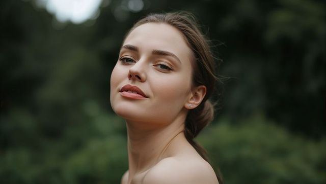 Serene young woman posing outdoors headshot with natural makeup and strapless elegance