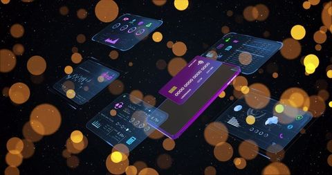 Magenta smartphone with virtual credit card and holographic fintech dashboards, analytics
