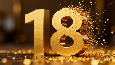 Golden 18 disintegrating into cubes on reflective floor with glittering bokeh lights