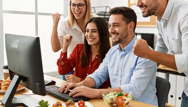 Celebrating team victory around computer at bright modern office desk with snacks