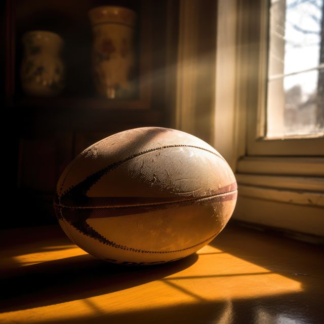 Close up of white and black rugby ball on windowsill, created using generative ai technology. Rugby, sports and competition concept digitally generated image.