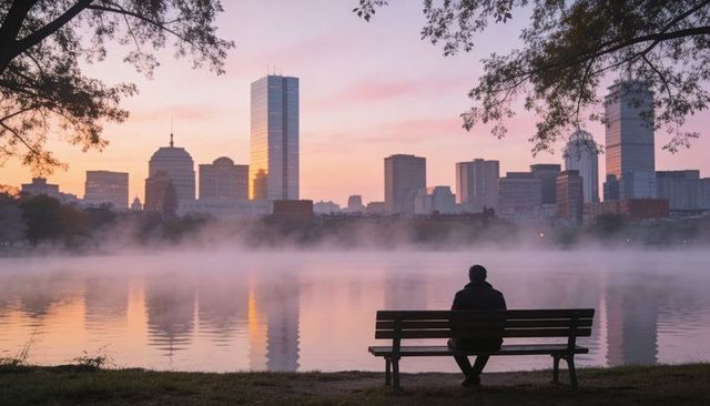 Sitting on park bench facing misty urban skyline at sunrise, reflecting river and solitary silhouett