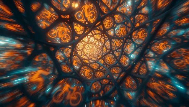 Futuristic virtual vortex of bicycle icons with glowing rings