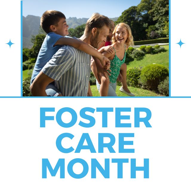 Happy family celebrating Foster Care Month with children outdoors in a beautiful garden. Ideal for use in promotions for foster care awareness campaigns, family support services or parenting advice content. Captures family unity, joy, and positive relationships.