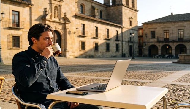 Man working remotely at outdoor cafe in historic cobblestone plaza drinking coffee