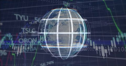 Rotating Holographic Globe Overlaid With Market Charts, Candlesticks and Global Data Visuals