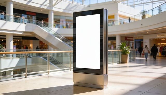 Digital advertising kiosk displaying blank screen in bright shopping mall concourse