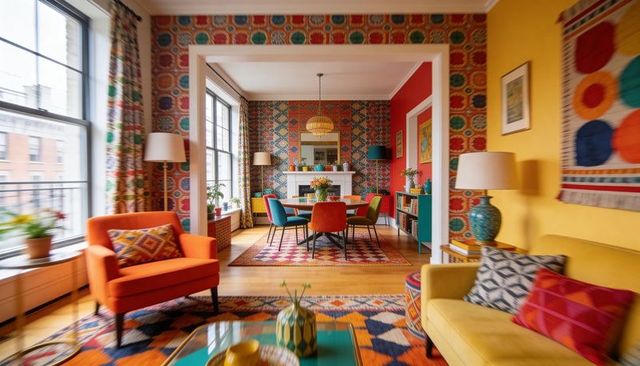 Colorful eclectic living-dining room featuring orange armchair, mustard sofa, patterned decor