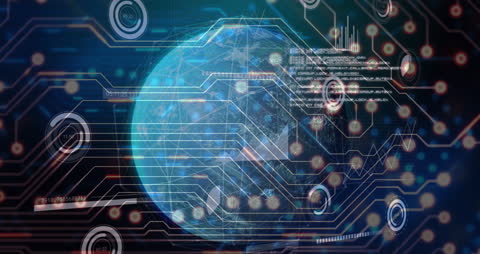 Futuristic Digital Interface with Circuit Board Over Planet