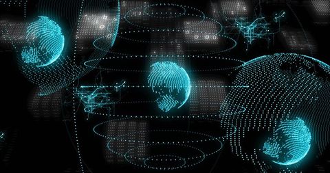 Rotating Holographic Data Globes in Neon Cyber Network with Concentric Rings