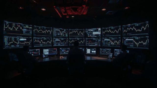 Trader analyzing stock charts in dark trading room