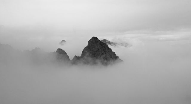 This misty mountain landscape is ideal for use in nature-themed projects, travel blogs, and inspirational posters. Its serene and ethereal quality enhances designs focused on tranquility and the beauty of wilderness. The grayscale adds a classic touch suitable for various artistic purposes and backgrounds.