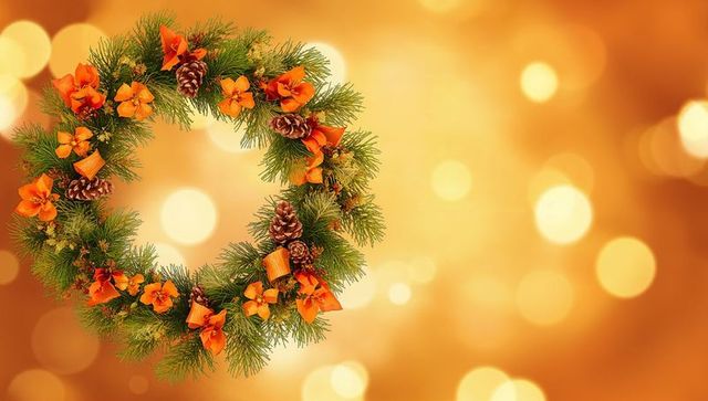 Golden holiday pine wreath with orange bows, flowers and pine cones on warm bokeh