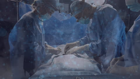 Surgeons Performing Surgery with Digital Network Graphic Overlay