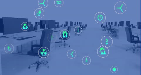 Modern Office Environment with Sustainable Technology Icons