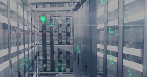 High-density data center server racks glowing with holographic network symbols and led reflections