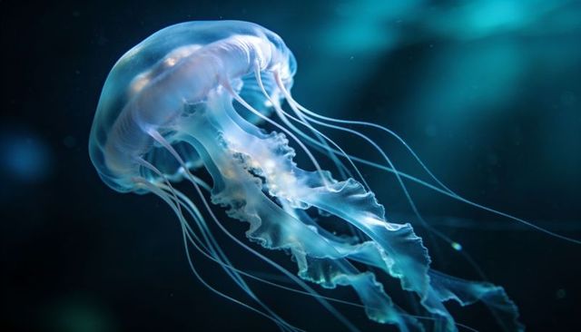 Ethereal luminescent jellyfish drifting in deep blue-green sea with flowing tentacles