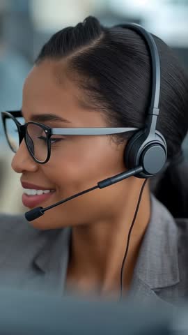 Vertical video Smiling customer support agent wearing headset answering call at office