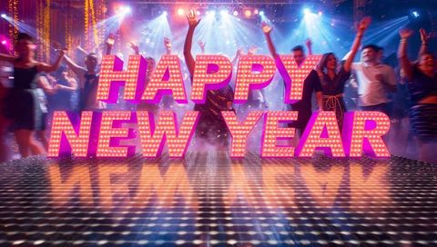 Bright happy new year marquee lights over dance floor with crowd celebrating nightclub