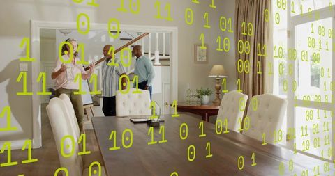 Group standing and conversing in modern dining room with digital binary overlay