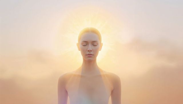 Woman Meditating at Sunrise Radiant Halo Ethereal Glow with Pastel Sky