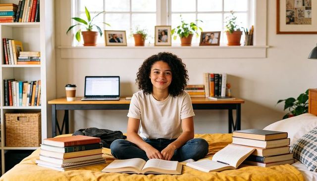 Teen studying on bed with laptop and textbooks, cozy minimalist bedroom study scene for remote learn