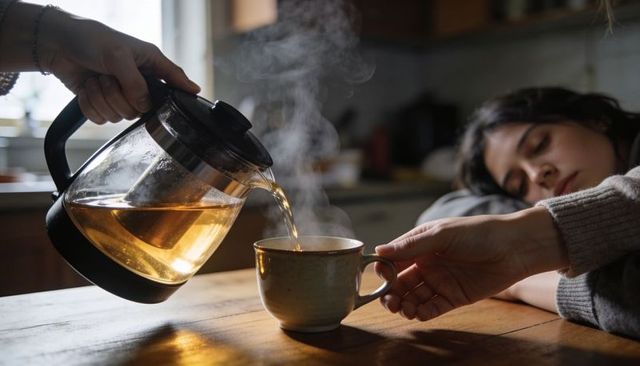 Pouring steaming tea into ceramic mug on wooden table with sleepy person resting