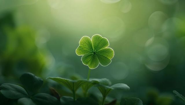 Four-Leaf Clover Glowing with Rim Backlight Revealing Veins and Soft Bokeh