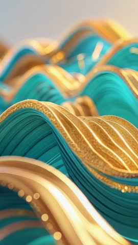 Vertical abstract video: teal and gold ribbon waves flowing with glittering shimmer