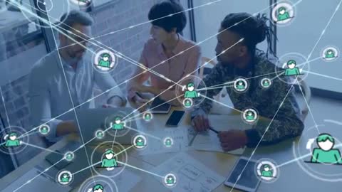 Collaborative Tech Meeting with Digital Network Concept Overlay