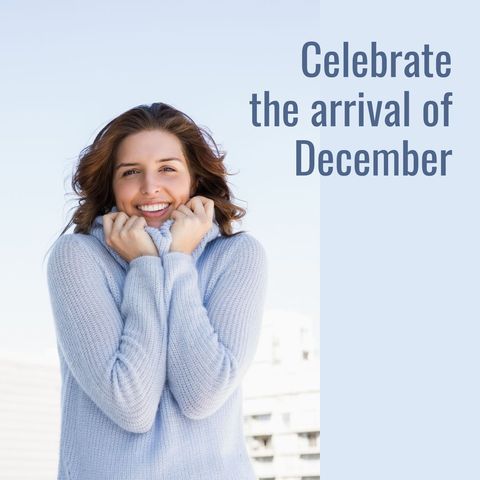 smiling woman celebrating december in warm sweater - Download Free Stock Templates Pikwizard.com