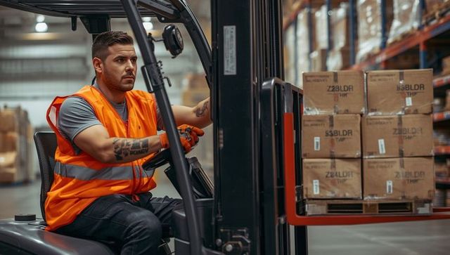Focused forklift operator moving cargo in warehouse