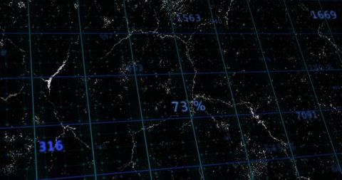 Futuristic Geospatial Grid Displaying 73% Marker Over Nocturnal Network and Data Nodes