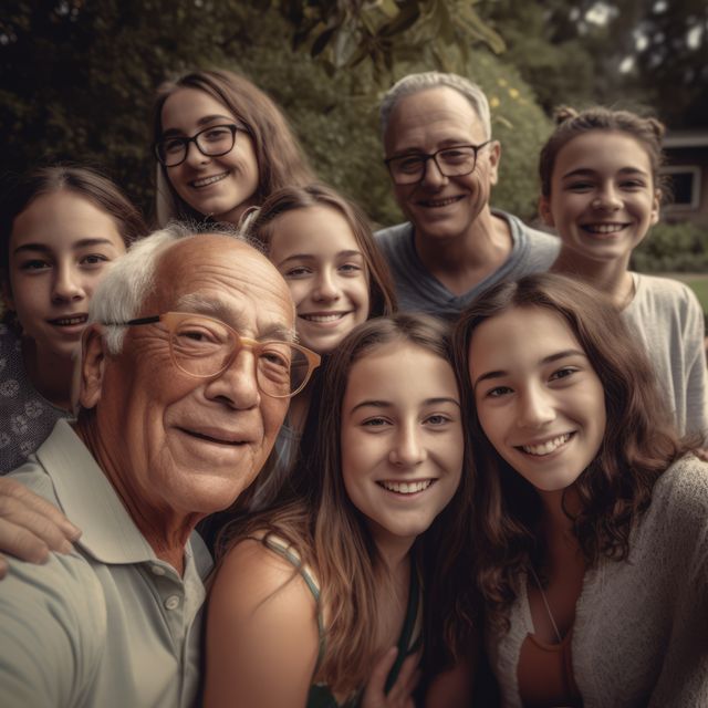 This image shows several family members from multiple generations smiling and posing together outdoors. There are both older adults and younger children expressing happiness, symbolizing togetherness and family bonding. It can be used for websites or advertisements depicting family values, multigenerational living, and celebratory gatherings.
