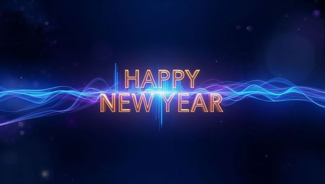 Happy New Year Neon Wave Headline with Futuristic Gold Glow and Digital Light Bars