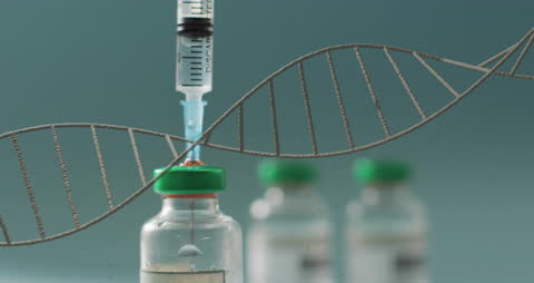 DNA Strand Superimposed Over Vaccine Vial and Syringe