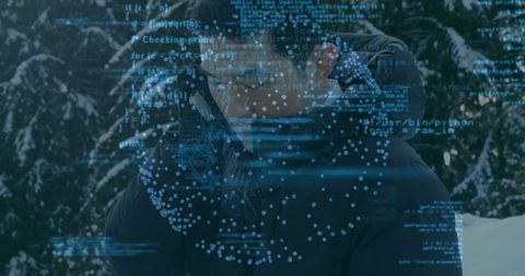 Man making phone call in snow with holographic code overlay