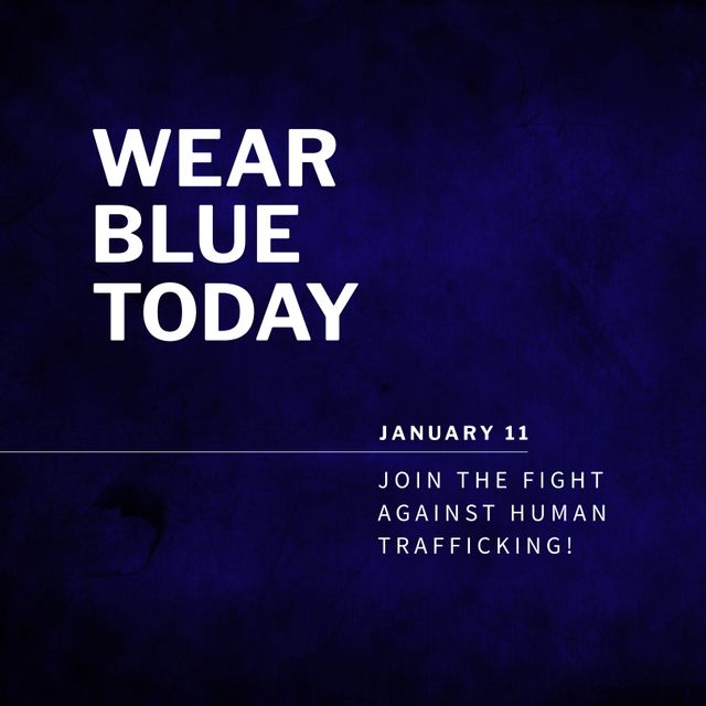 Poster for Wear Blue event, raising awareness against human trafficking, ideal for use in social media campaigns, informational brochures, community event promotions and advocacy websites.
