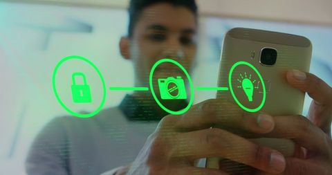 Digital network connection overlays showing man using smartphone securely