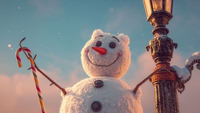 Cheerful Snowman with Candy Cane, Serene Winter Landscape