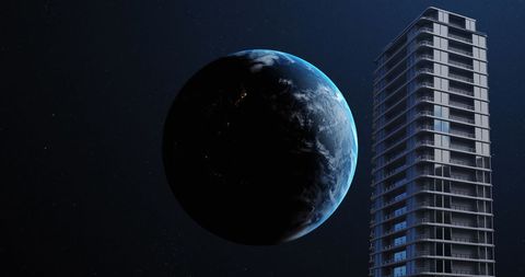 Earth Next to Skyscraper in Space Concept