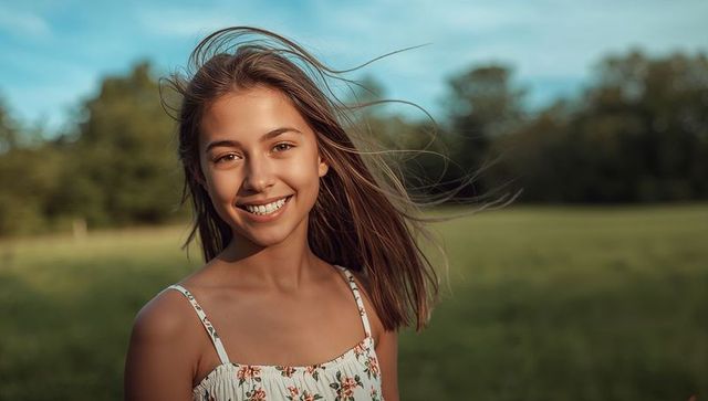 Smiling teen girl with braces standing in sunlit meadow at golden hour, windblown hair
