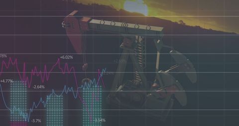 Oil Extraction and Economic Graphs Over Sunset Background