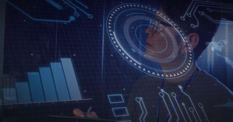 Engineer Interacting with Futuristic Holographic Interface in Lab